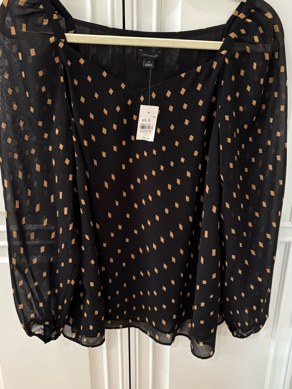 Ann Taylor Black Sheer Blouse with Tan Geometric Print